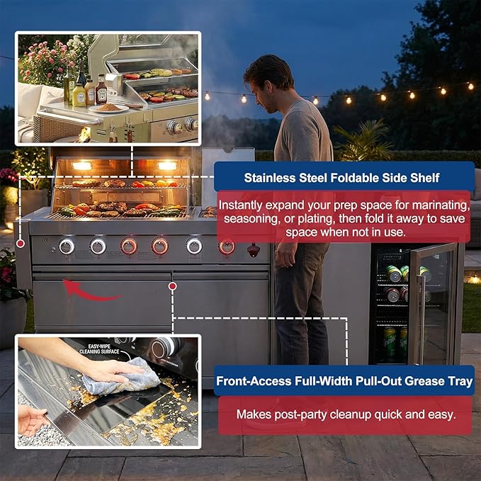 84" Modular Outdoor Kitchen Island, 75,300 BTU 6-Burner 304 Stainless Steel Gas Grill, Prefab BBQ Island Station with Side Burner, Rotisserie Kit, 70L Fridge & Sink, Propane to Natural Gas Ready