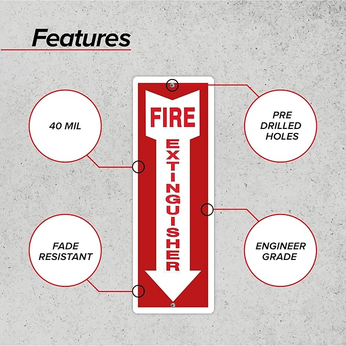 OLANZU Fire Extinguisher Signs For Business - Pack of 5 - Metal Fire Extinguisher Sign 4" x 12" Aluminum - UV Protected for Indoors & Outdoors