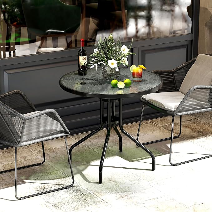 Giantex 31.5" Outdoor Bistro Table, Patio Round Dining Table w/Tempered Glass Tabletop & 2" Umbrella Hole, Heavy-Duty Metal Frame for Garden Yard Poolside Porch (31.5"x31.5"x28.5")