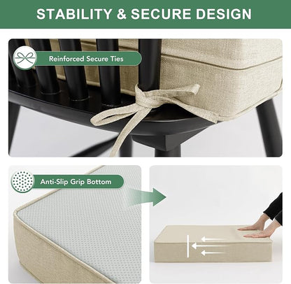 Summsun Patio Chair Cushions Set of 2, Faux Linen Outdoor Furniture Cushions, Water Resistant Backrest and Seat Cushion Set with Ties, Removable Cover, Non-Slip Bottom, 19 x 19 Inch, Beige