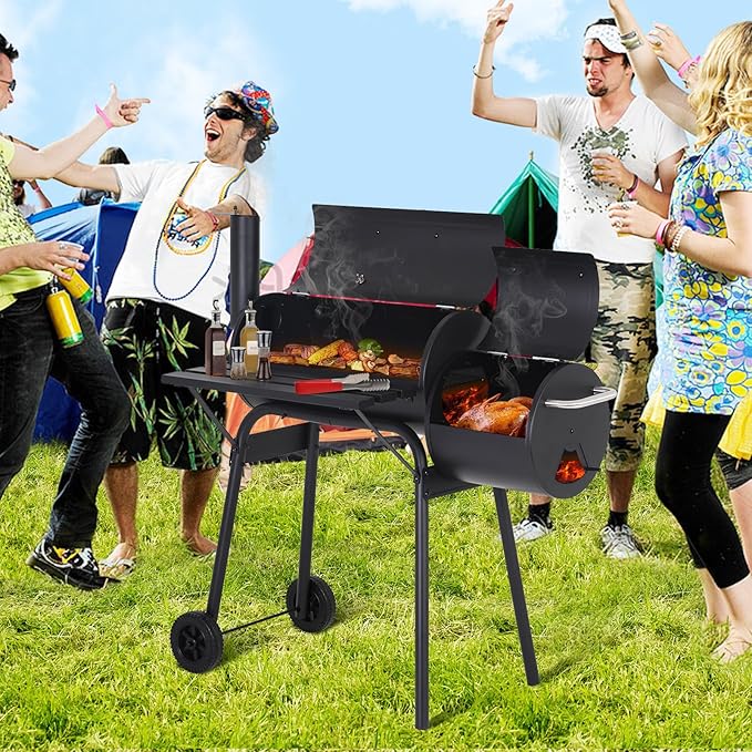43" Barrel Charcoal Grill, Portable Grills BBQ Pit with Offset Smoker & Wheels Large Grilling Space for Outdoor Backyard, Patio and Parties, Black