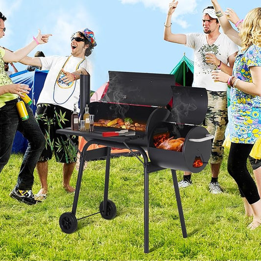 43" Barrel Charcoal Grill, Portable Grills BBQ Pit with Offset Smoker & Wheels Large Grilling Space for Outdoor Backyard, Patio and Parties, Black