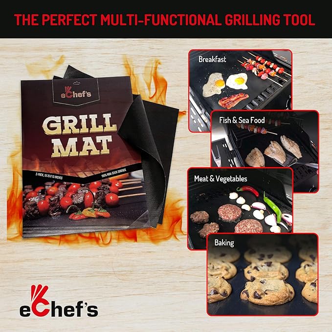 BBQ Grill Mat, Baking Mat - 100% Food-Safe - 2 Pack – 15.75x13 Inches | Non-Stick | 0.39mm Thick Heavy Duty Grill Accessory For Heat up to 600 Degrees – Reusable - Dishwasher Safe - PFOA Free