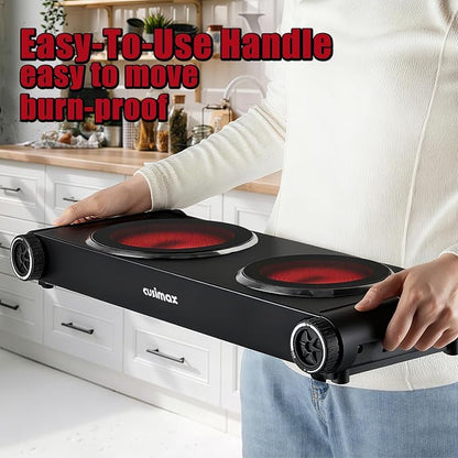 CUSIMAX Hot Plate for Cooking,1800w Double Infrared,Portable Electric Stove,Adjustable Temperature Control,Glass Plate Double Cooktop for Dorm Office Home Camp,Stainless Steel