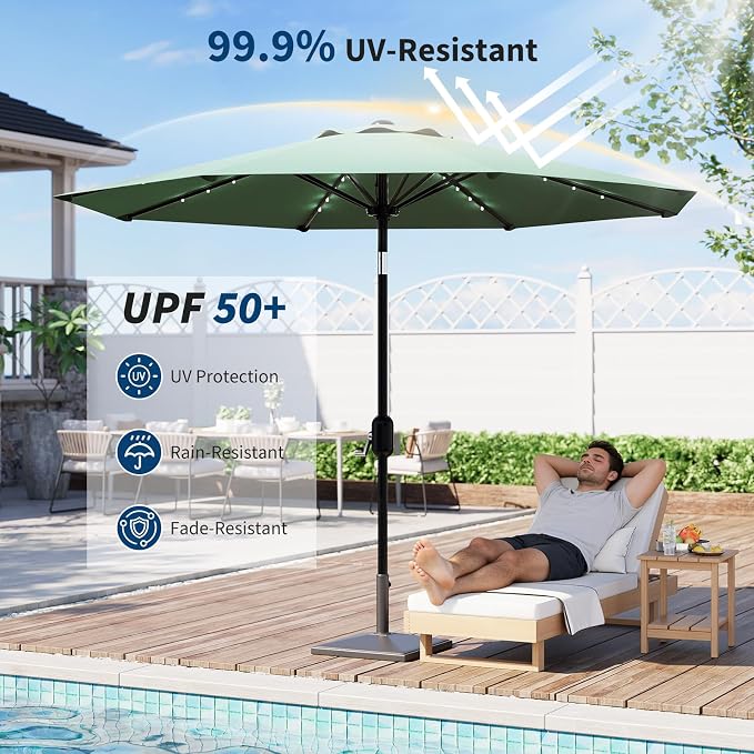 Garvee patio Umbrella with Solar Lights, Outdoor Table Umbrella with 8 Durable Ribs, Tilt & Crank Mechanism, Waterproof & UV Protection for Garden, Backyard, Poolside,