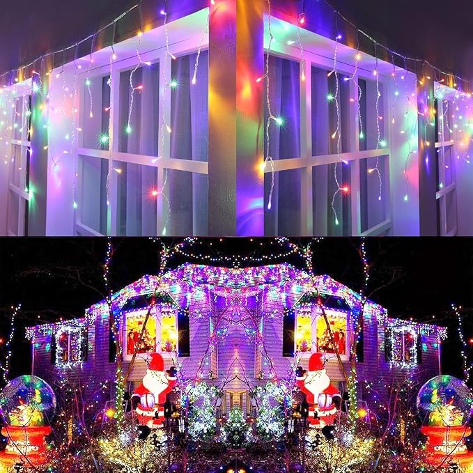 Joomer 66FT Christmas Icicle Lights Outdoor Non-Connectable Multicolor | 100 Drops 8 Modes Timer Waterproof Plug-in String Light for Christmas Party, holiday Eaves Roof Xmas Decorations