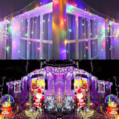 Joomer 66FT Christmas Icicle Lights Outdoor Non-Connectable Multicolor | 100 Drops 8 Modes Timer Waterproof Plug-in String Light for Christmas Party, holiday Eaves Roof Xmas Decorations