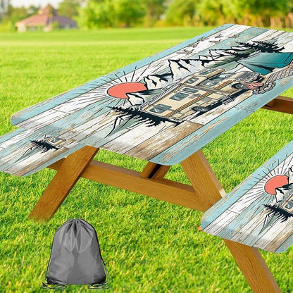 JAWO Camper RV Picnic Table Cover with Bench Covers, Happy Camper RV Essentials Gear Supplies Outdoor Waterproof Windproof Tablecloth with Elastic, 30X96in