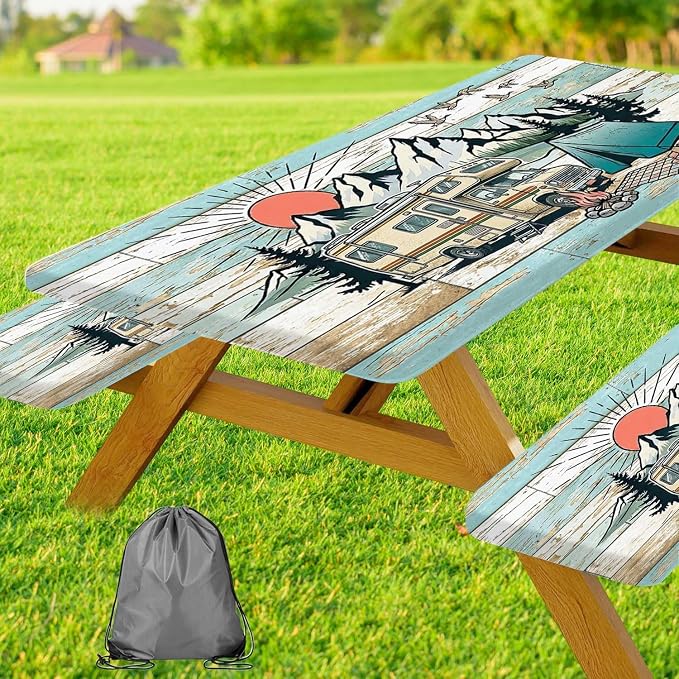 JAWO Camper RV Picnic Table Cover with Bench Covers, Happy Camper RV Essentials Gear Supplies Outdoor Waterproof Windproof Tablecloth with Elastic, 30X60in