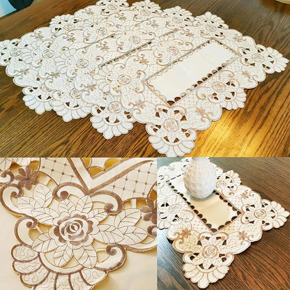 LeLehome Set of 4 Flower Embroidered Placemats, Oblong Brown Flower Rose Lunchmats Place Mats, Home Kitchen Dining Restaurant Party Indoor Decor Table Mats, 18 Inch X 12 Inch
