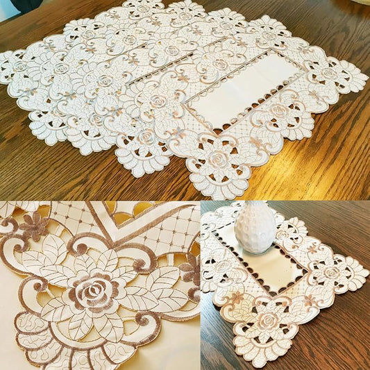 LeLehome Set of 4 Flower Embroidered Placemats, Oblong Brown Flower Rose Lunchmats Place Mats, Home Kitchen Dining Restaurant Party Indoor Decor Table Mats, 18 Inch X 12 Inch