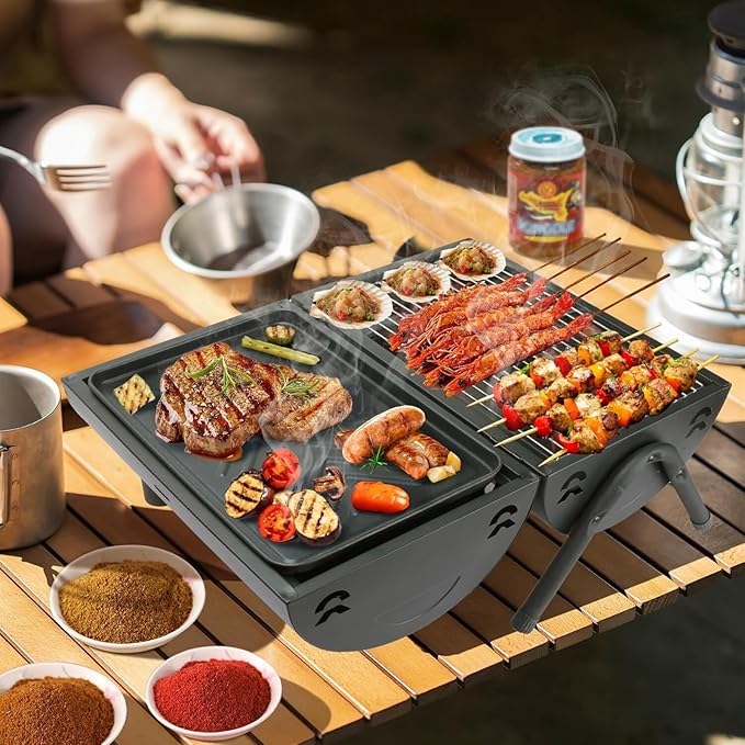 Charcoal Grill Portable Double Side Charcoal Grill Outdoor Tabletop Barbecue Grill BBQ Grill for Cooking BBQ Grill(Black)