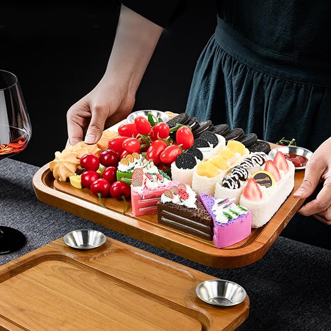 MAVOTER Wooden Steak Plates include 2 Sauce Cups, Wood Steak Board Set Serving Tray for Food Meat Cutting Board with Juice Groove, Charcuterie Board Platter for Home