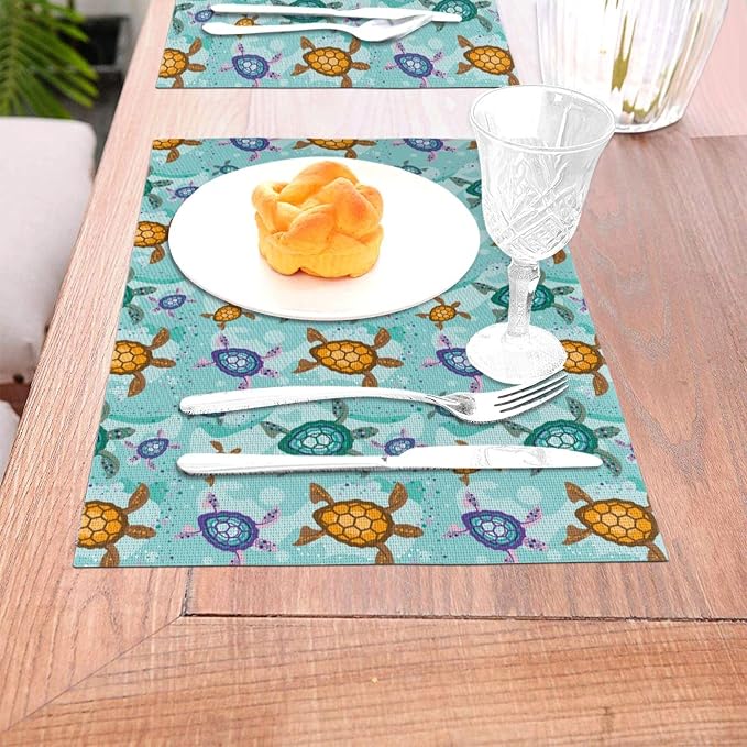 Cute Sea Turtle Placemats Set of 4 Ocean Themed Decorative Table Mat | Washable Non-Slip Heat-Resistant Teal Nautical Linen Place Mats for Kitchen Dining Outdoor Party Home Decor 12"x18"