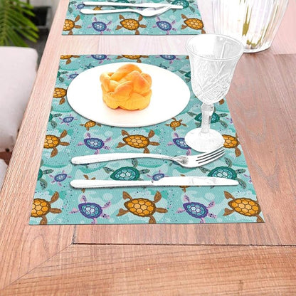 Cute Sea Turtle Placemats Set of 4 Ocean Themed Decorative Table Mat | Washable Non-Slip Heat-Resistant Teal Nautical Linen Place Mats for Kitchen Dining Outdoor Party Home Decor 12"x18"