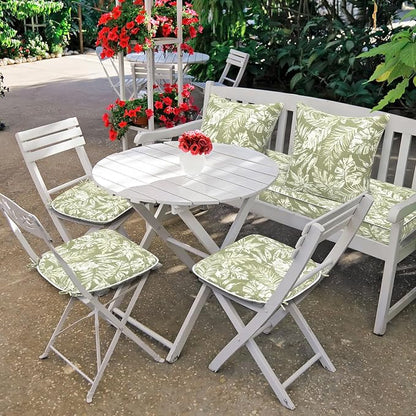 DYTXIII Set of 4 Outdoor Chair Cushions with Ties,Water Repellent Patio Chair Pads 17"x 16" for Outdoor Furniture,Round Corner Seat Cushions for Garden Yard Kitchen Tropical Leaf Green
