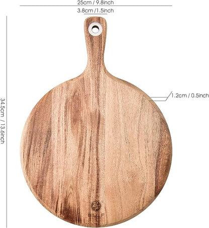 BILL.F Acacia Wood Pizza Peel,10" Cutting Board, Cheese Paddle Board, Bread and Crackers Platter for Serving and Minor Food Prepare with Handle - 14x 10 x 0.5 Inch