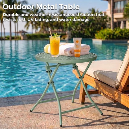 TeoKJ Folding Outdoor Small Side Tables | Anti Rust Small Patio Table Round Metal Nightstand with Flower Cutouts for Porch Yard Balcony Deck Lawn, Green