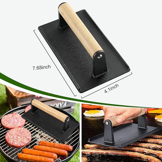POLIGO 5PCS Smash Burger Press Kit - 4 in 1 Hamburger Patty Storage Containers, 7.68"X4.1" Cast Iron Smash Bacon Press - Non Stick Smash Burger Press Set for Grill and Griddle Cooking, Black Rectangle