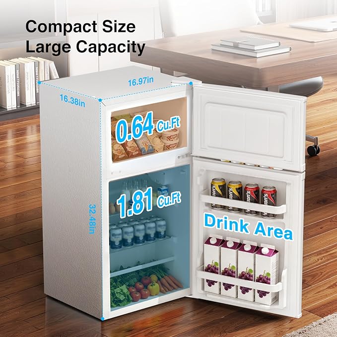 Kismile 2.5 Cu.Ft Mini Fridge with Freezer, Double Door Fridge, White | Reversible Door Compact Refrigerator with Mechanical Thermostat & Removable Shelves, Quiet for Bedroom Office