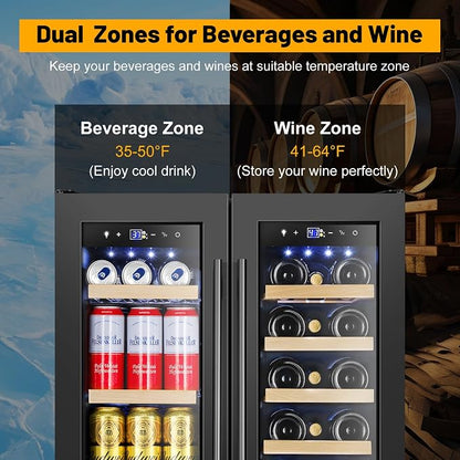 FoMup Wine and Beverage Refrigerator, 24 Inch Beverage Cooler Dual Zone with Glass Door, Under Counter Beverage Fridge with Upgraded 60 Cans 20 Bottles Large Capacity, Black