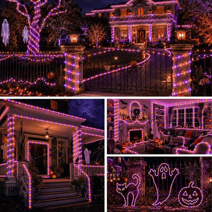 Halloween Decoration Solar Rope Lights 66FT 200LED 1800mAh -Purple & Orange | Type C & Solar, With Remote, Waterproof, Timing, 8 Modes, for Halloween Party Autumn Christmas Decoration