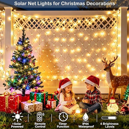 4ft x 8ft Solar Net Lights, 104LED 34 Colors Changing Christmas Net Lights Solar & USB Powered, Waterproof Mesh String Lights Green Wire for Bushes Lawn Garden Xmas Holiday Party Outdoor Decor