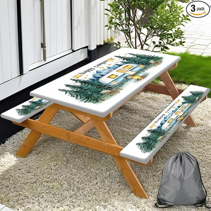 Picnic Table Cover with Bench Covers Elastic Edges, Happy Camper Fitted Table Cover, Outdoor Patio Camping Essentials 3PCS, Waterproof Camping Fitted Tablecloth with Drawstring Bag 60in White