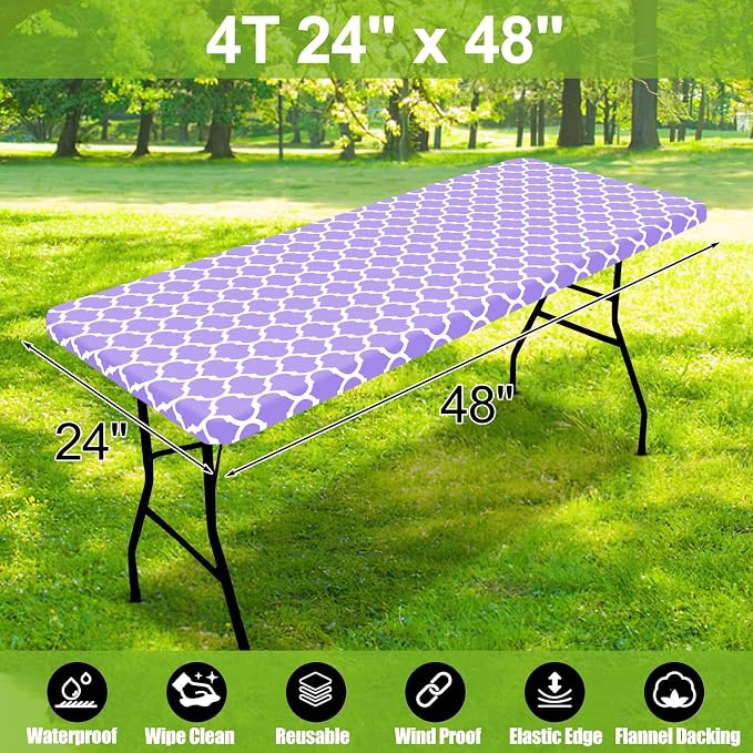 Smiry Picnic Fitted Table Cover, 4 Foot Flannel Backed Vinyl Tablecloth | Waterproof Elastic Stretch Table Cloth, Wipeable Plastic Tablecloth for Camping, Indoor & Outdoor (Lavender, 24" x 48")