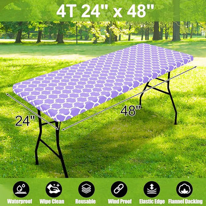 Smiry Picnic Fitted Table Cover, 4 Foot Flannel Backed Vinyl Tablecloth | Waterproof Elastic Stretch Table Cloth, Wipeable Plastic Tablecloth for Camping, Indoor & Outdoor (Lavender, 24" x 48")