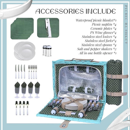 YPshuye Wicker Picnic Basket Set for 4, Blanket, Cooler Bag, Green Dots | Four-Person Wicker Set Includes Tableware, Insulated Food Storage and Waterproof Blanket for Parks, Camping, Dates and Gifts