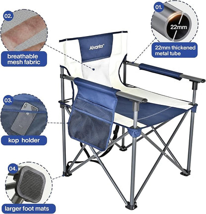 Alvantor Heavy Duty Folding Camping Chair, 300LBS Support Portable Outdoor Chair for Adults Big & Tall, Breathable Mesh, Wide Seat, Sturdy Armrests with Storage Pocket for Camping, Sports Events