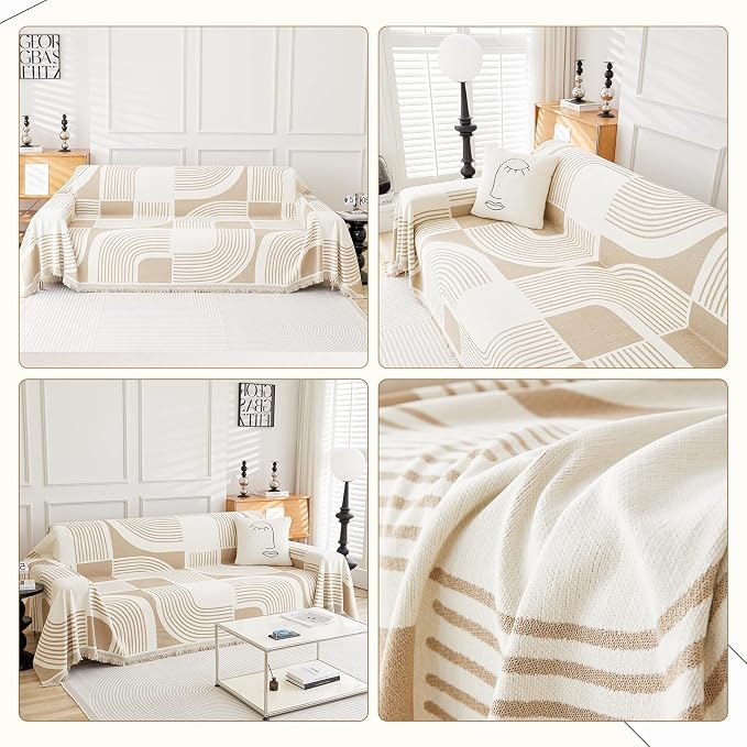 WEYOND Boho Couch Cover, Chenille Sofa Covers Washable, 91" x 134", Khaki | Couch Covers for 3 Cushion Couch Sofa Pet Friendly, Bohemian Sofa Slipcovers for Sectional Sofa, Loveseat, 2 3 4 Seater