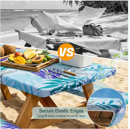 Picnic Table Cover Bench Covers Camping Essentials Tablecloth | Waterproof Vinyl for Outdoor, Windproof Elastic Fitted Edges, RV BBQ Accessories Must Haves, Storage Bag Included