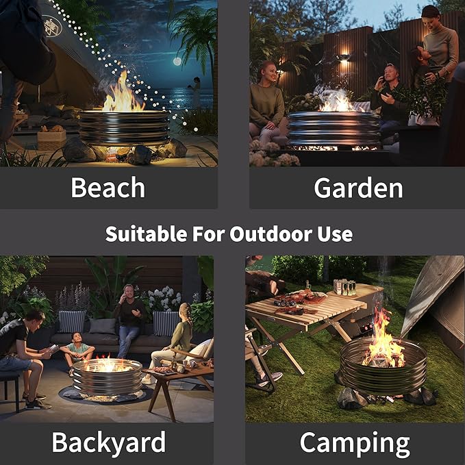 PROWORX 48 Inch Outdoor Fire Pit Ring, Round Galvanized Portable Fire Pit for Camping, Metal Steel Bonfire Fire Ring for Outside, Backyard