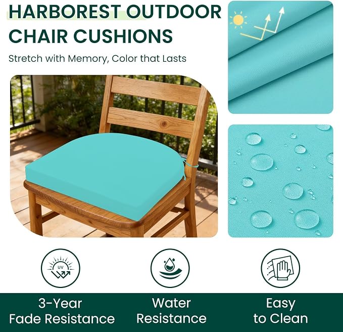 HARBOREST Outdoor Chair Cushions Set of 6, Water Resistant Patio Chair Cushions with Ties, Outdoor Seat Cushions for Patio Furniture, 17"x16"x2", Teal