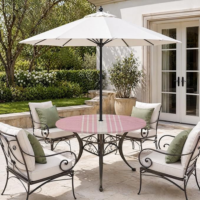Outdoor Fitted Tablecloth with Umbrella Hole and Zipper, Pink Beige Striped Elastic Round Patio Table Cover, Farmhouse Retro Lines Modern Windproof Table Protector for Backyard BBQ Party 55''-60''