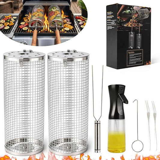 7-Piece BBQ Set, 2 Rolling Grill Baskets for Effortless Flipping,Grilling Tools or Fish,Shrimp,Meat,Vegetables,Fries Food,Outdoor Camping Grilling Accessories,Gifts for Men Dad Husband