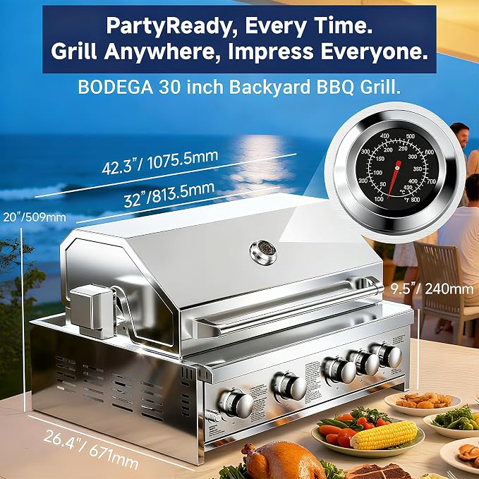 BODEGA 30 Inch 5-Burner Propane Gas Grill with Rotisserie Chicken Fork Kit, 58000-BTU Outdoor Gas Grill for Kitchen, LPG/NG Convertible, Backyard BBQ Grill with Temperature & Rear Infrared Burner.