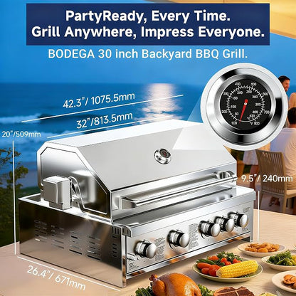 BODEGA 30 Inch 5-Burner Propane Gas Grill with Rotisserie Chicken Fork Kit, 58000-BTU Outdoor Gas Grill for Kitchen, LPG/NG Convertible, Backyard BBQ Grill with Temperature & Rear Infrared Burner.