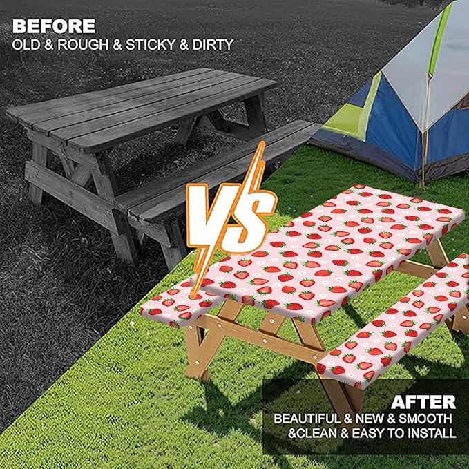 Strawberry Picnic Table Cover with Bench Covers and Bag, Camping Essentials, Berry Waterproof Windproof, Fitted Tablecloth Cover with Elastic Edge for Outdoor Garden 3 PCS 30x72 Inch