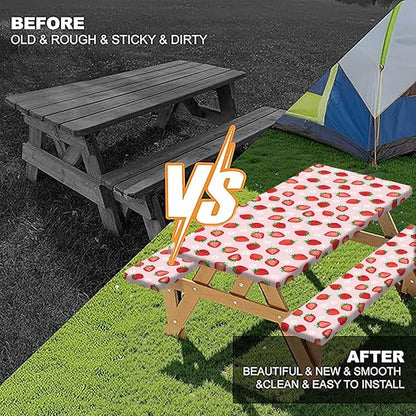 Strawberry Picnic Table Cover with Bench Covers and Bag, Camping Essentials, Berry Waterproof Windproof, Fitted Tablecloth Cover with Elastic Edge for Outdoor Garden 3 PCS 30x60 Inch