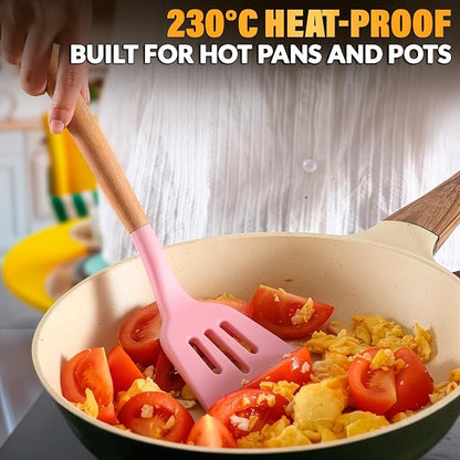 12 Pcs Pink Cooking Utensils Set with Holder for Nonstick Cookware | Silicone Kitchen Utensils Set for BBQ; Heat-Resistant Tools with Wooden Handles for Baking, Serving, Frying, and Mixing
