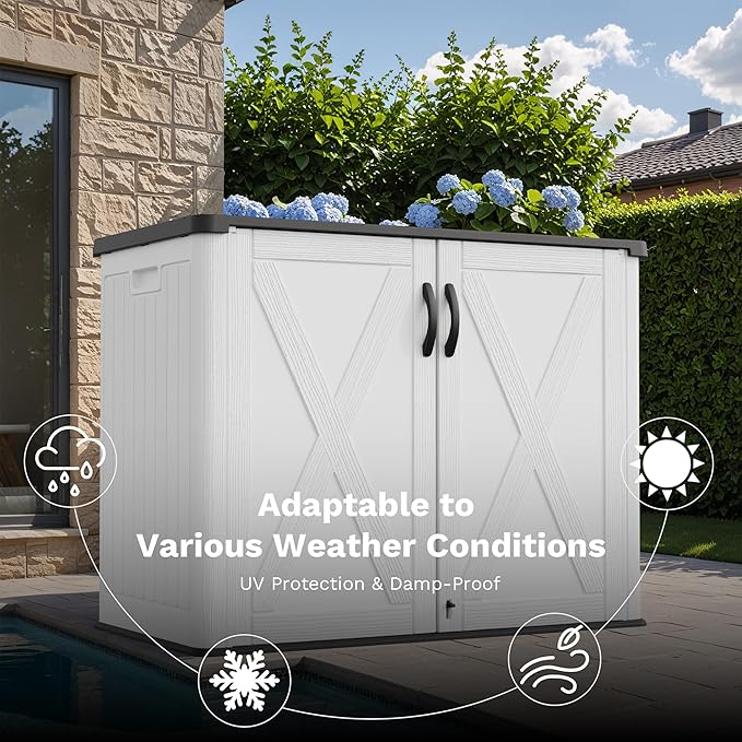 Greesum 26 Cuft Outdoor Storage Box with Lockable Doors, White | Easy to Assemble | All-Weather Resistance | Sturdy Sidehandles | Multi-purpose Resin Large Storage Cabinet