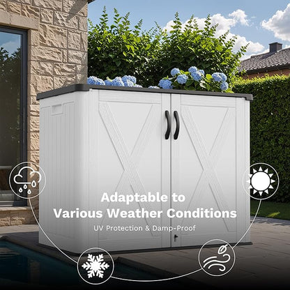 Greesum 26 Cuft Outdoor Storage Box with Lockable Doors, White | Easy to Assemble | All-Weather Resistance | Sturdy Sidehandles | Multi-purpose Resin Large Storage Cabinet