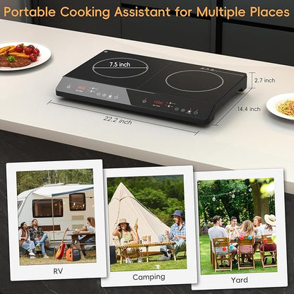 Double Induction Cooktop, 1800W Portable Induction Cooktop 2 Burner Independent Touch Control, Ceramic Electric Stove with 9 Temperature and Power Level, Safety Lock, 3 Hour Timer - Black