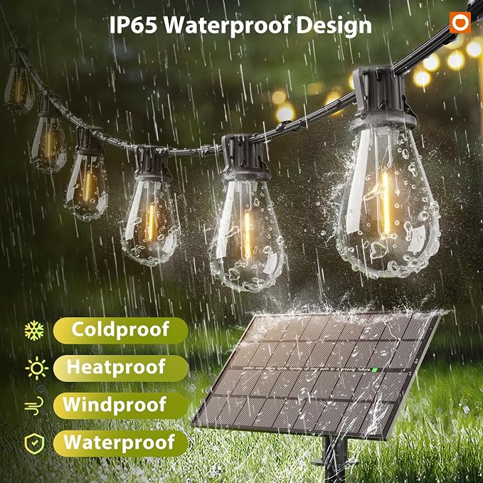 addlon 102FT(96+6) Solar String Lights Outdoor, with 52 Dimmable LED Bulbs | Waterproof, Shatterproof, Spaced 2FT, USB Charging, Remote, Last 20+ Hrs, Easy Install for Garden Backyard Pergola Party