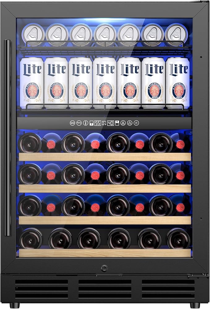 24 Inch Dual Zone Wine Fridge and Beverage Refrigerator, 63 Cans & 30 Bottles, Built-in Freestanding Under Counter Wine Cooler, UV Glass Door, Quiet Cooling, Lock, for Home Bar Office, Black
