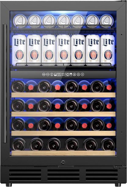24 Inch Dual Zone Wine Fridge and Beverage Refrigerator, 63 Cans & 30 Bottles, Built-in Freestanding Under Counter Wine Cooler, UV Glass Door, Quiet Cooling, Lock, for Home Bar Office, Black