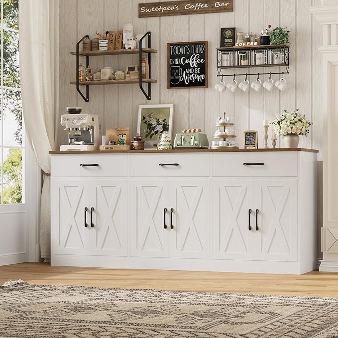 HOSTACK 71" Large Sideboard Buffet Cabinet with Storage, Farmhouse Coffee Bar Cabinet with 3 Drawers, Long Kitchen Buffet Table, Kitchen Sideboard Storage Cabinet for Dining Room, Living Room, White